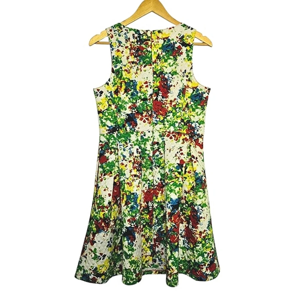 Catherine Malandrino Quilted Pleated Fawn Floral Dress Size 10 - Picture 2 of 7
